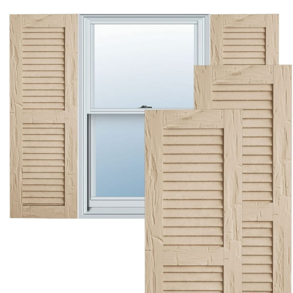Ekena Millwork 18"W x 28"H Rustic Two Equal Louver Hand Hewn Faux Wood Shutters (Per Pair), Primed Tan