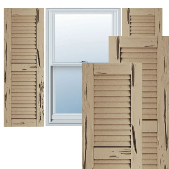 Ekena Millwork 18"W x 30"H Rustic Two Equal Louver Pecky Cypress Faux Wood Shutters (Per Pair), Primed Tan