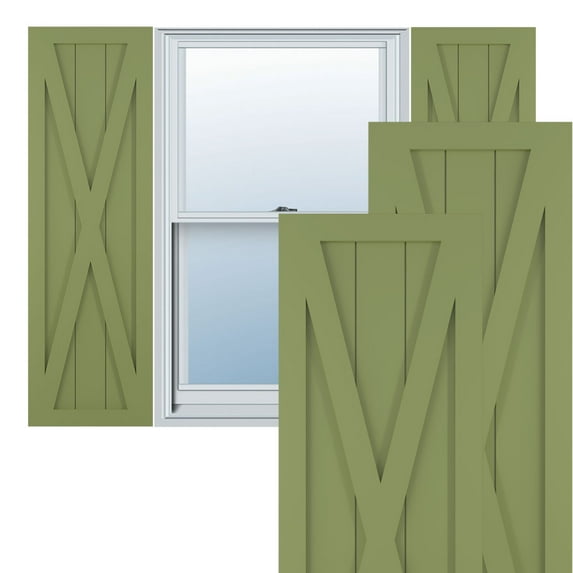 Ekena Millwork 18"W x 31"H True Fit PVC Single X-Board Farmhouse Fixed Mount Shutters, Moss Green (Per Pair - Hardware Not Included)