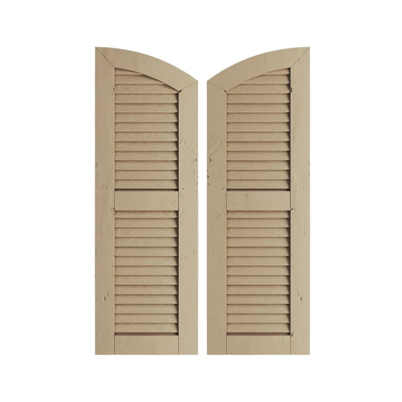 Ekena Millwork 18"W x 34"H (28" Low Side) Timberthane Knotty Pine Two Equal Louver w/Elliptical Top Faux Wood Shutters (Per Pair), Primed Tan