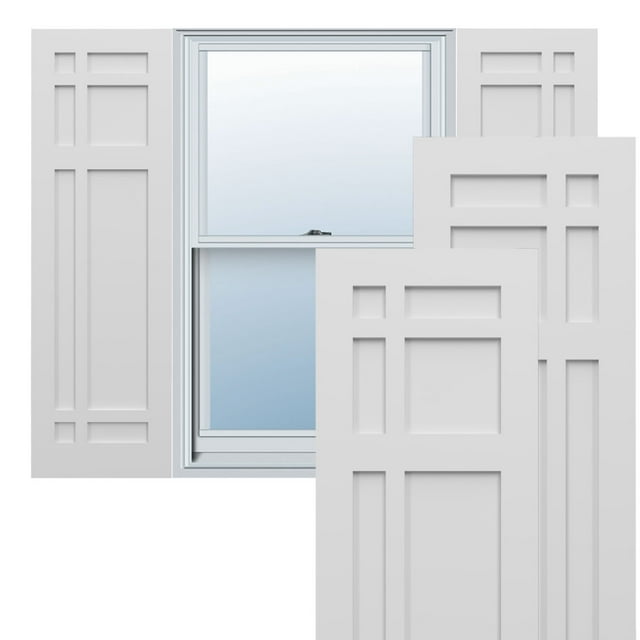 Ekena Millwork 18"W x 34"H True Fit PVC San Juan Capistrano Mission Style Fixed Mount Shutters, White (Per Pair - Hardware Not Included)