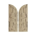 thumbnail image 1 of Ekena Millwork 18"W x 36"H (18" Low Side) Timberthane Pecky Cypress Two Equal Flat Panel w/Quarter Round Arch Top Faux Wood Shutters (Per Pair), Primed Tan, 1 of 6