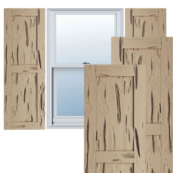 Ekena Millwork 18"W x 36"H Rustic Two Equal Panel Flat Panel Pecky Cypress Faux Wood Shutters (Per Pair), Primed Tan