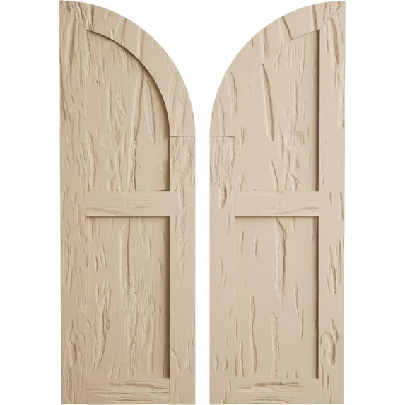 Ekena Millwork 18"W x 38"H (20" Low Side) Timberthane Pecky Cypress Two Equal Flat Panel w/Quarter Round Arch Top Faux Wood Shutters (Per Pair), Primed Tan