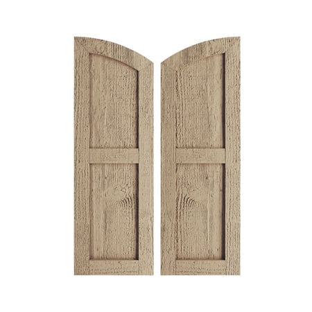 Ekena Millwork 18"W x 40"H (34" Low Side) Timberthane Rough Sawn Two Equal Flat Panel w/Elliptical Top Faux Wood Shutters (Per Pair), Primed Tan