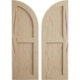 thumbnail image 1 of Ekena Millwork 18"W x 42"H (24" Low Side) Timberthane Hand Hewn Two Equal Flat Panel w/Quarter Round Arch Top Faux Wood Shutters (Per Pair), Primed Tan, 1 of 6