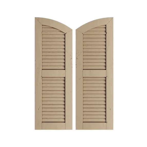 Ekena Millwork 18"W x 46"H (40" Low Side) Timberthane Knotty Pine Two Equal Louver w/Elliptical Top Faux Wood Shutters (Per Pair), Primed Tan