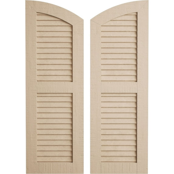 Ekena Millwork 18"W x 48"H (42" Low Side) Timberthane Rough Cedar Two Equal Louver w/Elliptical Top Faux Wood Shutters (Per Pair), Primed Tan