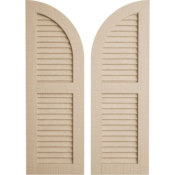 Ekena Millwork 18"W x 50"H (32" Low Side) Timberthane Rough Cedar Two Equal Louver w/Quarter Round Arch Top Faux Wood Shutters (Per Pair), Primed Tan