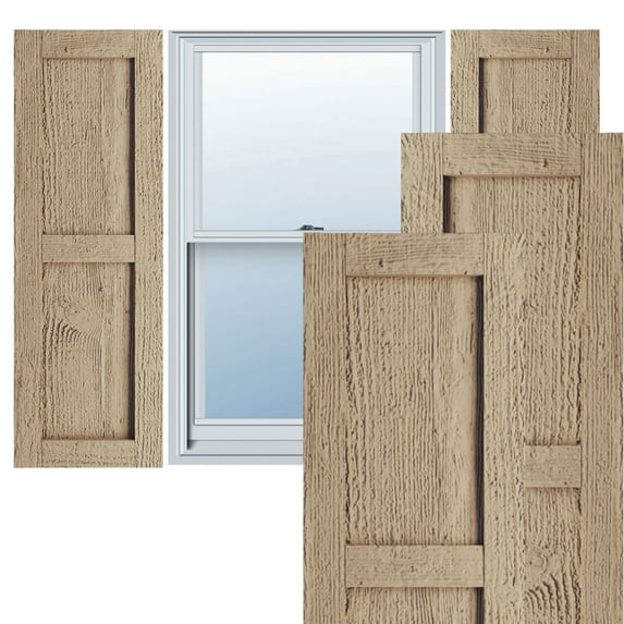 Ekena Millwork 18"W x 50"H Rustic Two Equal Panel Flat Panel Rough Sawn Faux Wood Shutters (Per Pair), Primed Tan