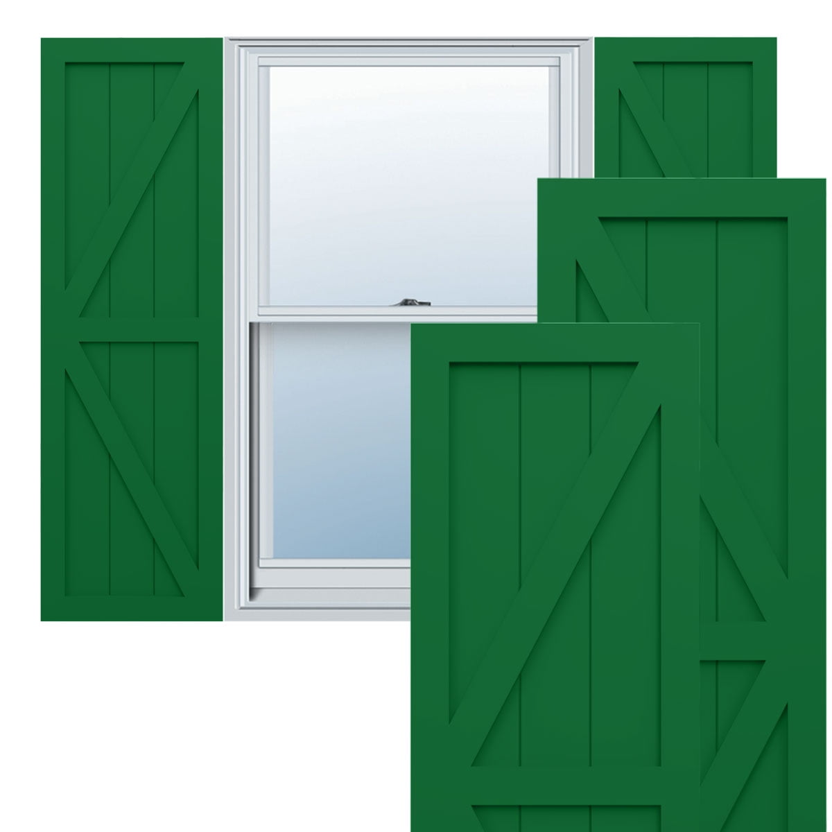 Ekena Millwork 18"W x 50"H True Fit PVC Two Equal Panel Farmhouse Fixed Mount Shutters w/ Z-Bar, Viridian Green (Per Pair - Hardware Not Included)