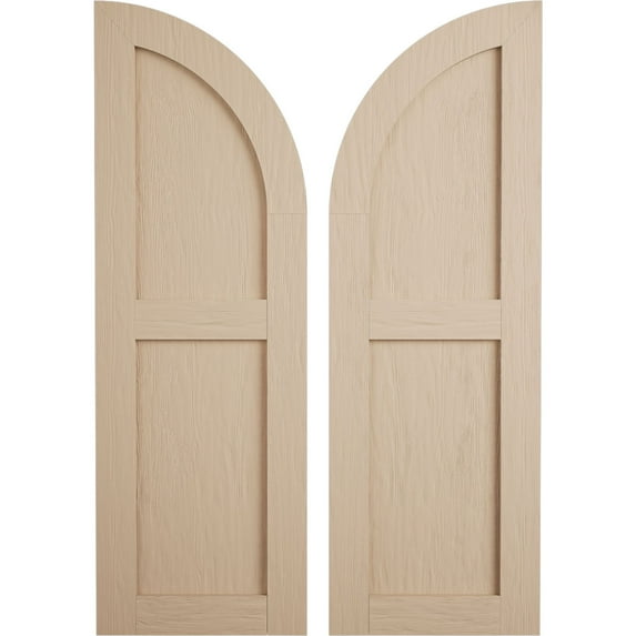 Ekena Millwork 18"W x 52"H (34" Low Side) Timberthane Rough Sawn Two Equal Flat Panel w/Quarter Round Arch Top Faux Wood Shutters (Per Pair), Primed Tan