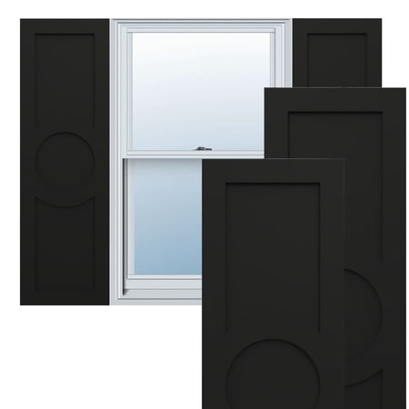 Ekena Millwork 18"W x 52"H True Fit PVC Center Circle Arts & Crafts Fixed Mount Shutters, Black (Per Pair - Hardware Not Included)
