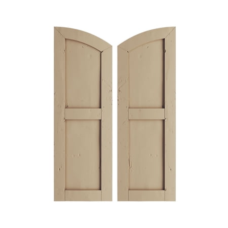 Ekena Millwork 18"W x 56"H (50" Low Side) Timberthane Knotty Pine Two Equal Flat Panel w/Elliptical Top Faux Wood Shutters (Per Pair), Primed Tan