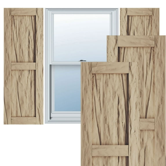 Ekena Millwork 18"W x 56"H Rustic Two Equal Panel Flat Panel Riverwood Faux Wood Shutters (Per Pair), Primed Tan