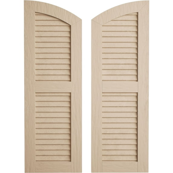 Ekena Millwork 18"W x 58"H (52" Low Side) Timberthane Rough Sawn Two Equal Louver w/Elliptical Top Faux Wood Shutters (Per Pair), Primed Tan