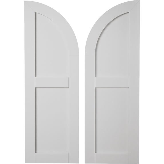 Ekena Millwork 18"W x 60"H (42" Low Side) Timberthane Smooth Two Equal Flat Panel w/Quarter Round Arch Top Faux Wood Shutters (Per Pair), Primed Tan