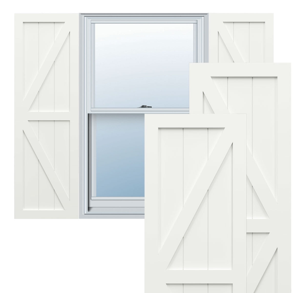 Ekena Millwork 18"W x 62"H True Fit PVC Two Equal Panel Farmhouse Fixed Mount Shutters w/ Z-Bar, Unfinished (Per Pair - Hardware Not Included)