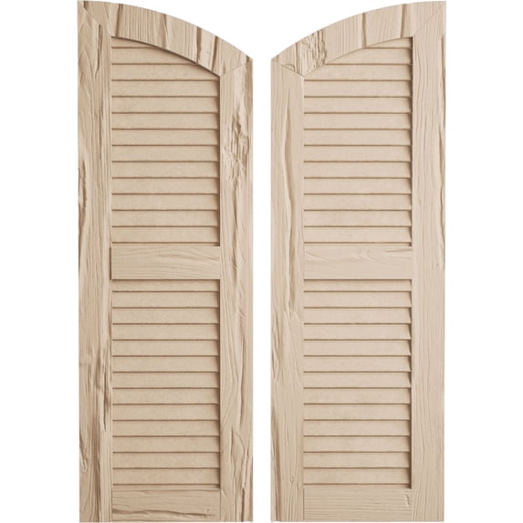 Ekena Millwork 18"W x 64"H (58" Low Side) Timberthane Riverwood Two Equal Louver w/Elliptical Top Faux Wood Shutters (Per Pair), Primed Tan