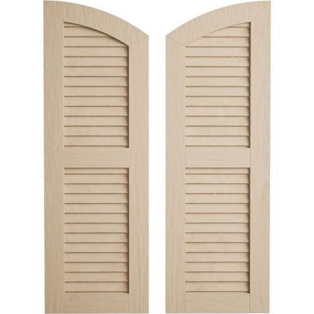 Ekena Millwork 18"W x 64"H (58" Low Side) Timberthane Rough Sawn Two Equal Louver w/Elliptical Top Faux Wood Shutters (Per Pair), Primed Tan