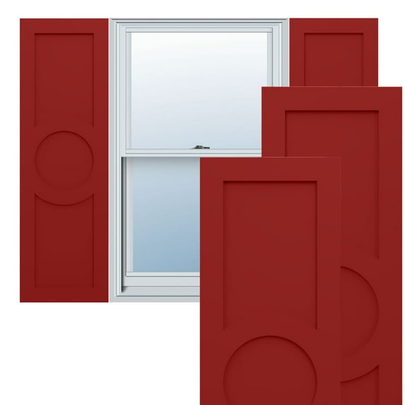 Ekena Millwork 18"W x 66"H True Fit PVC Center Circle Arts & Crafts Fixed Mount Shutters, Fire Red (Per Pair - Hardware Not Included)
