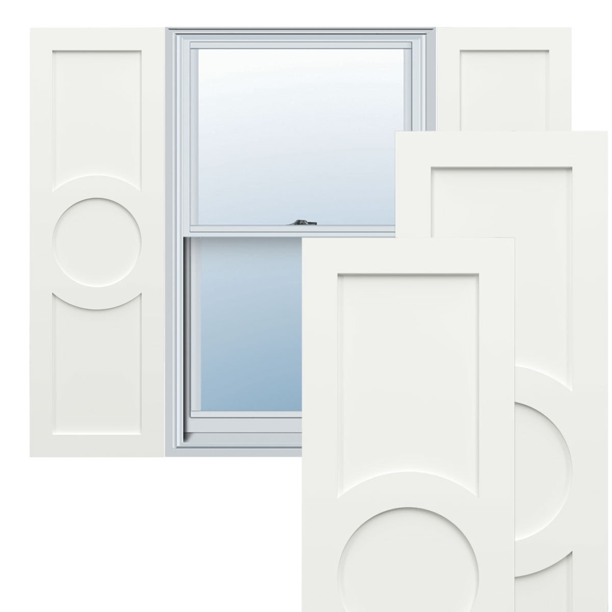 Ekena Millwork 18"W x 72"H True Fit PVC Center Circle Arts & Crafts Fixed Mount Shutters, Unfinished (Per Pair - Hardware Not Included)