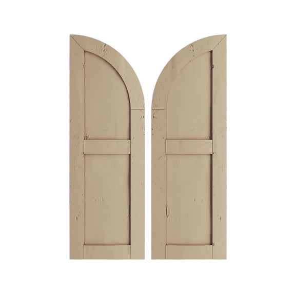 Ekena Millwork 18"W x 74"H (56" Low Side) Timberthane Knotty Pine Two Equal Flat Panel w/Quarter Round Arch Top Faux Wood Shutters (Per Pair), Primed Tan