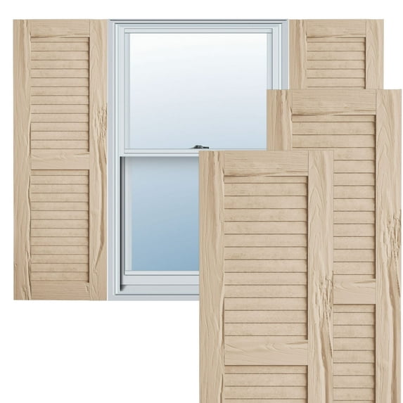 Ekena Millwork 18"W x 74"H Rustic Two Equal Louver Riverwood Faux Wood Shutters (Per Pair), Primed Tan