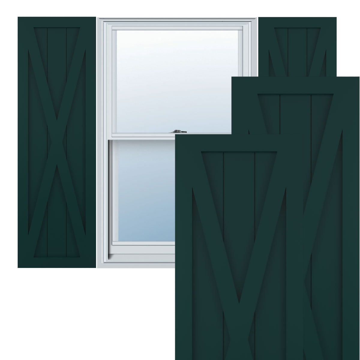 Ekena Millwork 18"W x 75"H True Fit PVC Single X-Board Farmhouse Fixed Mount Shutters, Thermal Green (Per Pair - Hardware Not Included)