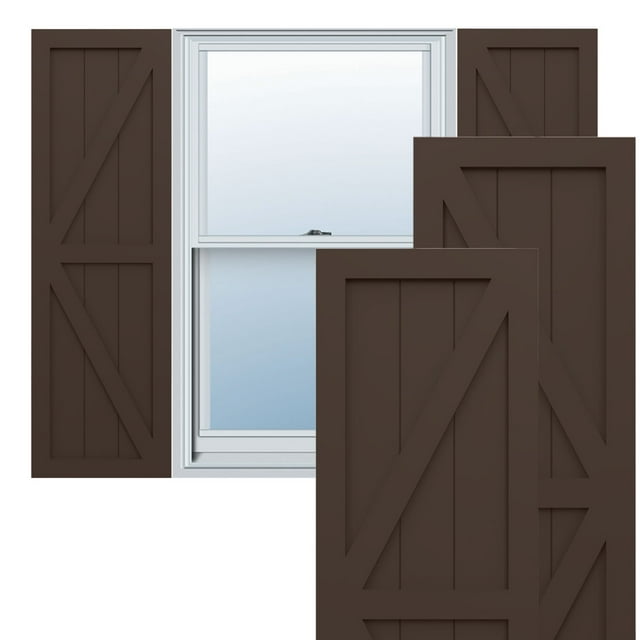 Ekena Millwork 18"W x 75"H True Fit PVC Two Equal Panel Farmhouse Fixed Mount Shutters w/ Z-Bar, Raisin Brown (Per Pair - Hardware Not Included)