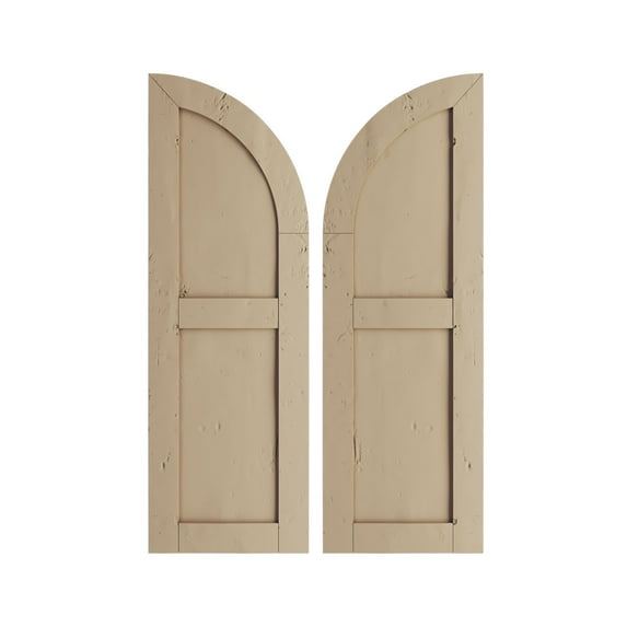 Ekena Millwork 18"W x 76"H (58" Low Side) Timberthane Knotty Pine Two Equal Flat Panel w/Quarter Round Arch Top Faux Wood Shutters (Per Pair), Primed Tan