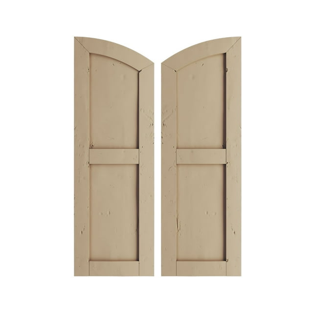 Ekena Millwork 18"W x 76"H (70" Low Side) Timberthane Knotty Pine Two Equal Flat Panel w/Elliptical Top Faux Wood Shutters (Per Pair), Primed Tan