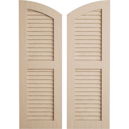 Ekena Millwork 18"W x 76"H (70" Low Side) Timberthane Rough Cedar Two Equal Louver w/Elliptical Top Faux Wood Shutters (Per Pair), Primed Tan
