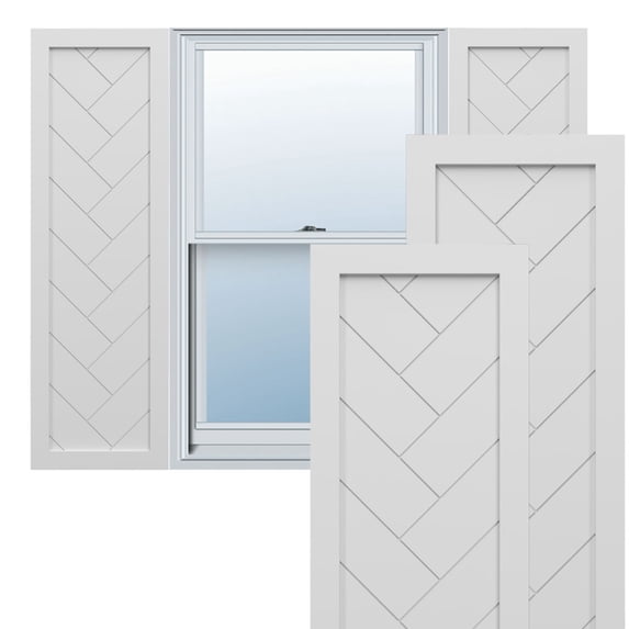 Ekena Millwork 18"W x 76"H True Fit PVC Single Panel Herringbone Modern Style Fixed Mount Shutters, White (Per Pair - Hardware Not Included)