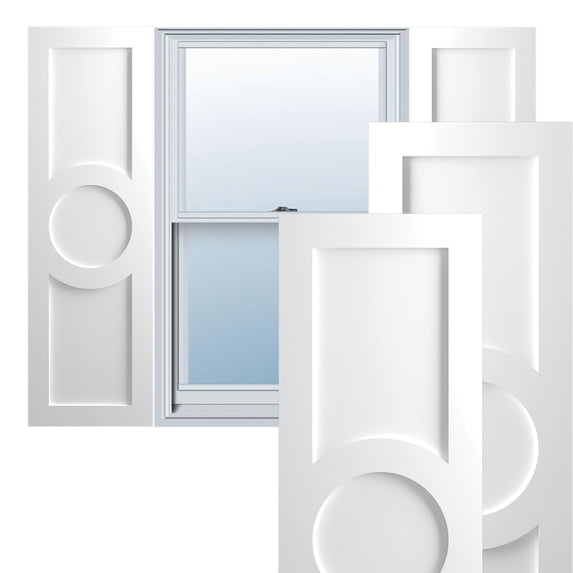 Ekena Millwork 18"W x 79"H True Fit PVC Center Circle Arts & Crafts Fixed Mount Shutters, White (Per Pair - Hardware Not Included)