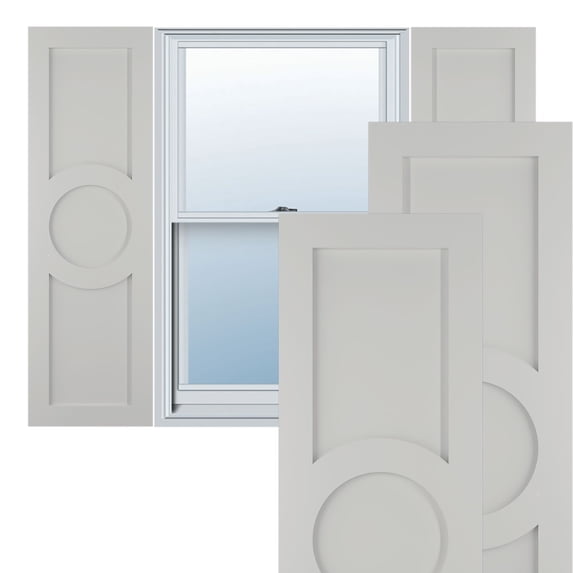 Ekena Millwork 18"W x 80"H True Fit PVC Center Circle Arts & Crafts Fixed Mount Shutters, Hailstorm Gray (Per Pair - Hardware Not Included)