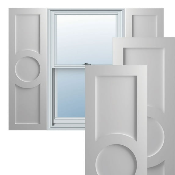 Ekena Millwork 18"W x 80"H True Fit PVC Center Circle Arts & Crafts Fixed Mount Shutters, Primed (Per Pair - Hardware Not Included)