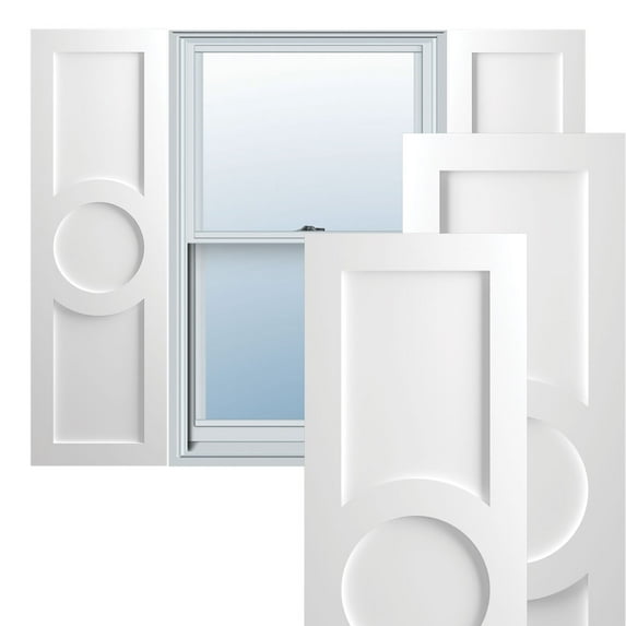 Ekena Millwork 18"W x 80"H True Fit PVC Center Circle Arts & Crafts Fixed Mount Shutters, Unfinished (Per Pair - Hardware Not Included)