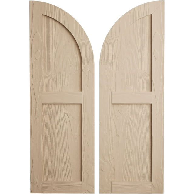 Ekena Millwork 18"W x 82"H (64" Low Side) Timberthane Sandblasted Two Equal Flat Panel w/Quarter Round Arch Top Faux Wood Shutters (Per Pair), Primed Tan