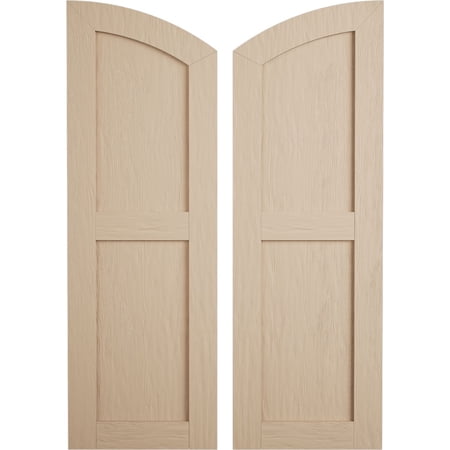 Ekena Millwork 18"W x 82"H (76" Low Side) Timberthane Rough Sawn Two Equal Flat Panel w/Elliptical Top Faux Wood Shutters (Per Pair), Primed Tan