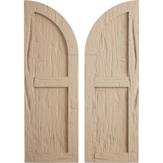 Ekena Millwork 18"W x 84"H (66" Low Side) Timberthane Hand Hewn Two Equal Flat Panel w/Quarter Round Arch Top Faux Wood Shutters (Per Pair), Primed Tan