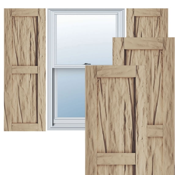 Ekena Millwork 18"W x 84"H Rustic Two Equal Panel Flat Panel Riverwood Faux Wood Shutters (Per Pair), Primed Tan