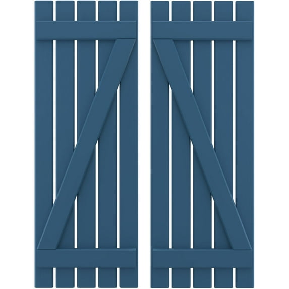 Ekena Millwork 19 1/2"W x 31"H Americraft Five Board (2 Batten) Exterior Real Wood Spaced Board-n-Batten Shutters w/ Z-Bar (Per Pair), Sojourn Blue