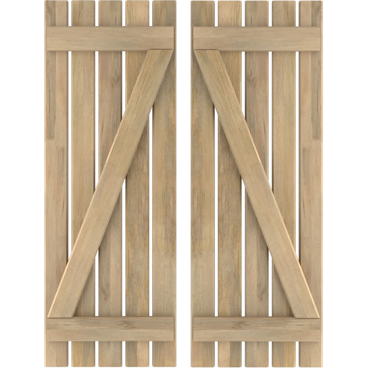 Ekena Millwork 19 1/2"W x 31"H Americraft Five Board (2 Batten) Exterior Real Wood Spaced Board-n-Batten Shutters w/ Z-Bar (Per Pair), Unfinished