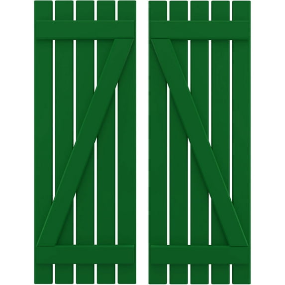 Ekena Millwork 19 1/2"W x 40"H Americraft Five Board (2 Batten) Exterior Real Wood Spaced Board-n-Batten Shutters w/ Z-Bar (Per Pair), Viridian Green