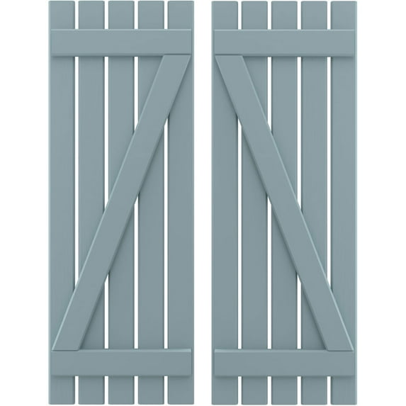 Ekena Millwork 19 1/2"W x 53"H Americraft Five Board (2 Batten) Exterior Real Wood Spaced Board-n-Batten Shutters w/ Z-Bar (Per Pair), Peaceful Blue