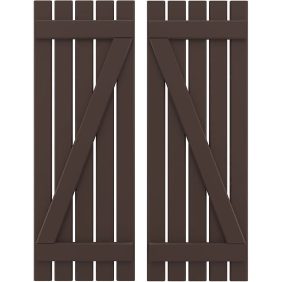 Ekena Millwork 19 1/2"W x 58"H Americraft Five Board (2 Batten) Exterior Real Wood Spaced Board-n-Batten Shutters w/ Z-Bar (Per Pair), Raisin Brown