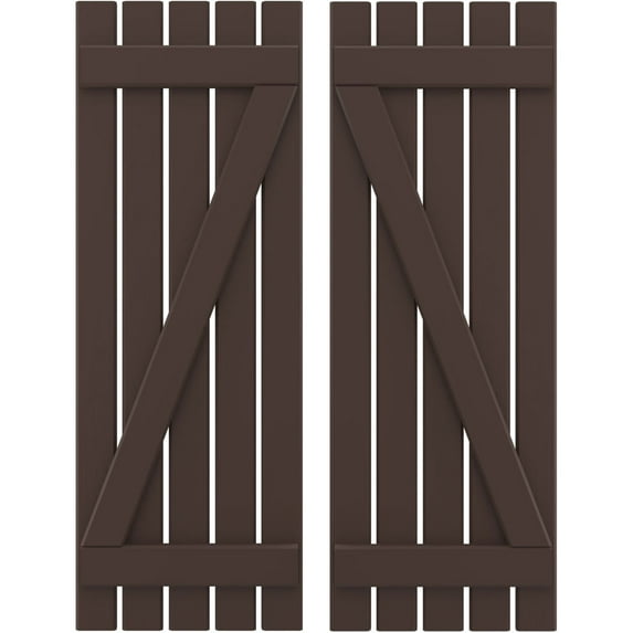Ekena Millwork 19 1/2"W x 59"H Americraft Five Board (2 Batten) Exterior Real Wood Spaced Board-n-Batten Shutters w/ Z-Bar (Per Pair), Raisin Brown