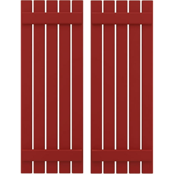 Ekena Millwork 19 1/2"W x 63"H Americraft Five Board (2 Batten) Exterior Real Wood Spaced Board-n-Batten Shutters (Per Pair), Fire Red