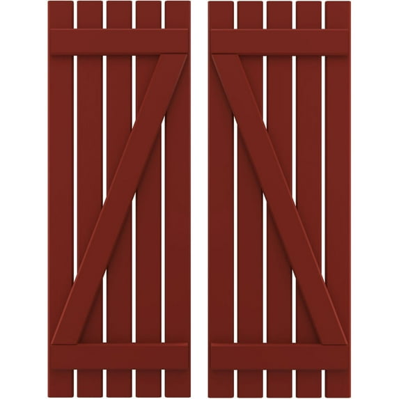 Ekena Millwork 19 1/2"W x 76"H Americraft Five Board (2 Batten) Exterior Real Wood Spaced Board-n-Batten Shutters w/ Z-Bar (Per Pair), Pepper Red